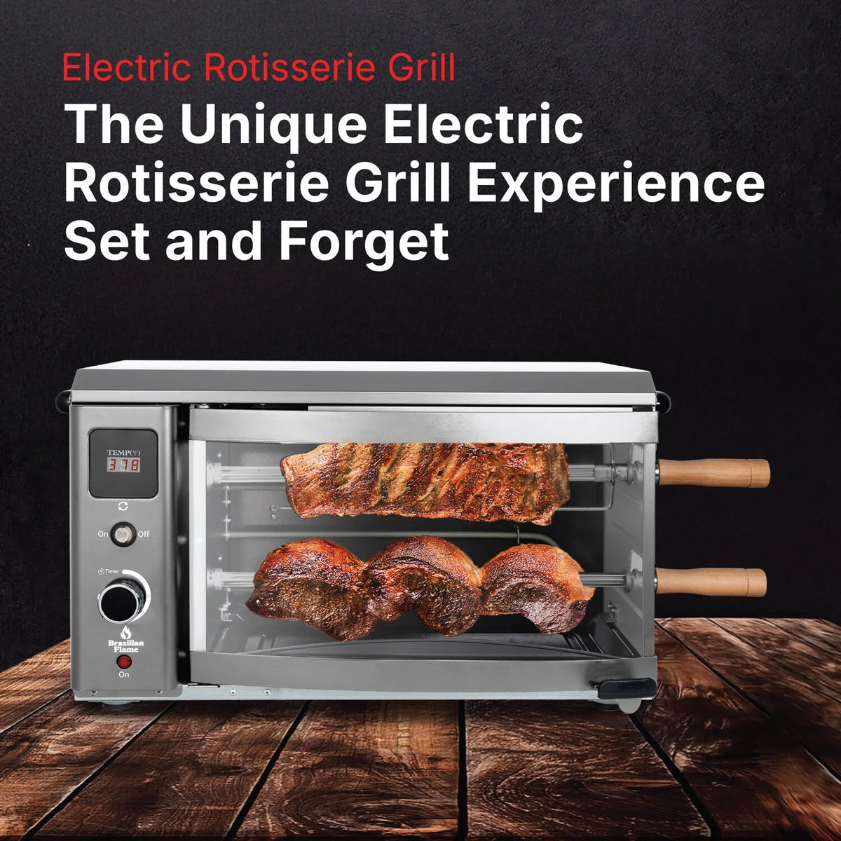 Brazilian Flame 2-Skewer Brazilian Rotisserie Electric Grill in Red