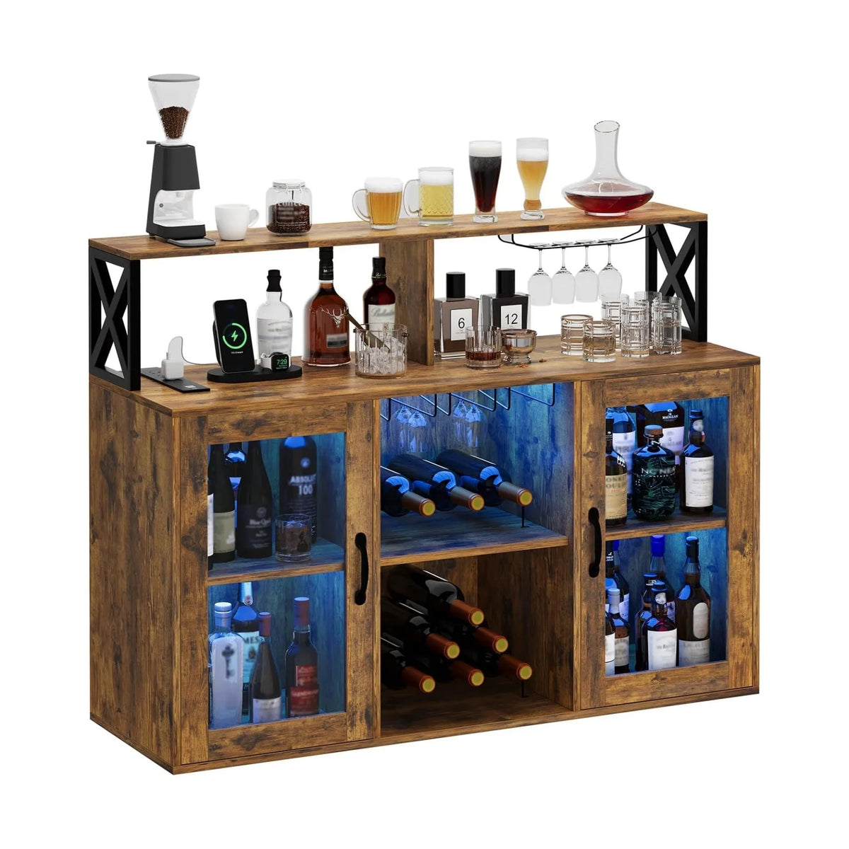Home Wine Bar Cabinet with LED Light, Industry Coffee Bar Cabinet with Wine Rack, Glass Holder, and Power Outlets, Kitchen Sideboard Buffet Cabinet for Living Room Dining Room