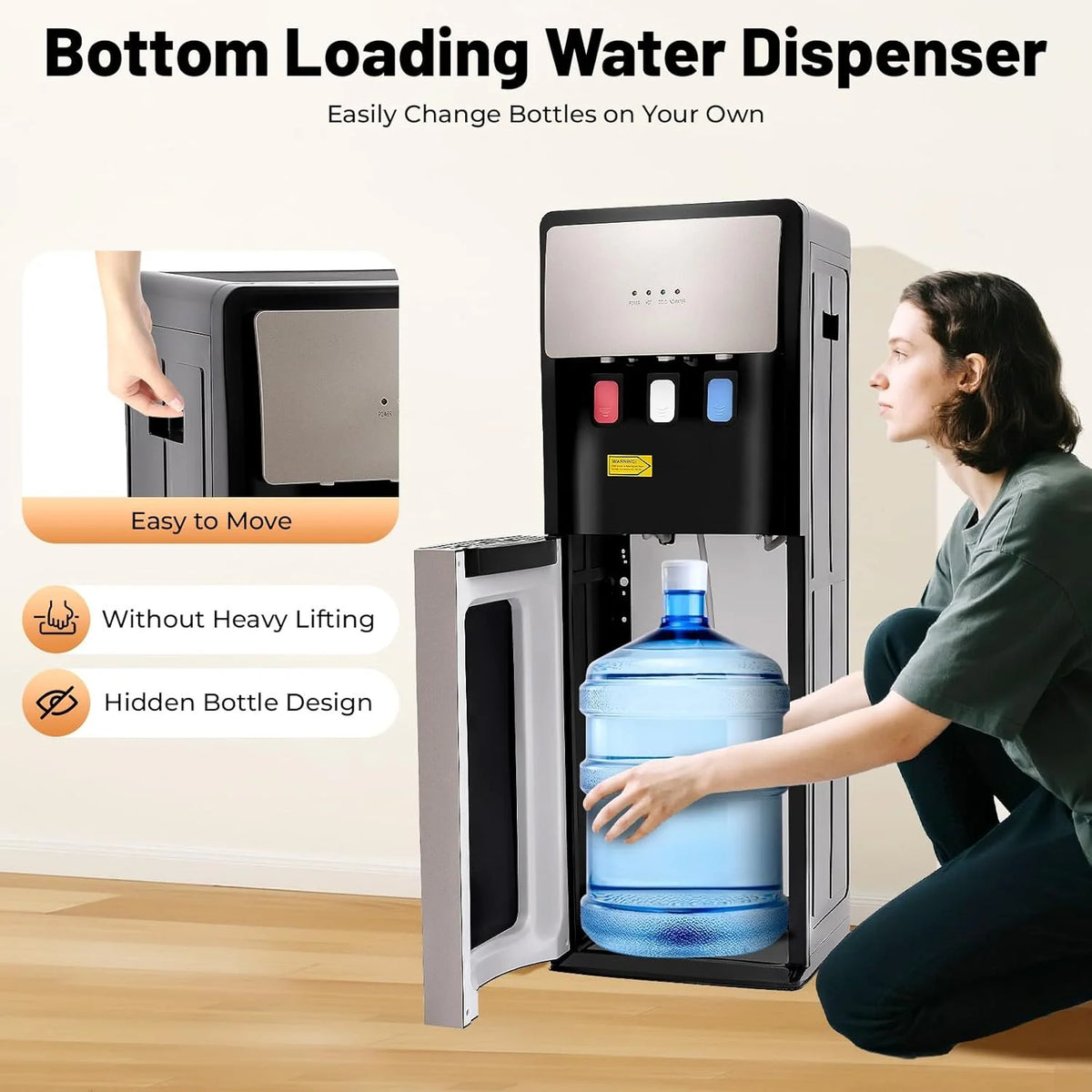 Bottom Loading Water Dispenser for 5 Gallon Bottle, 3 Temperature Settings (Hot, Room & Cold Water), 110V US Plug, 5L/H Rapid Heating, 0.53Gal/H Cooling, Anti-Scald Design for Home/Office (Grey)
