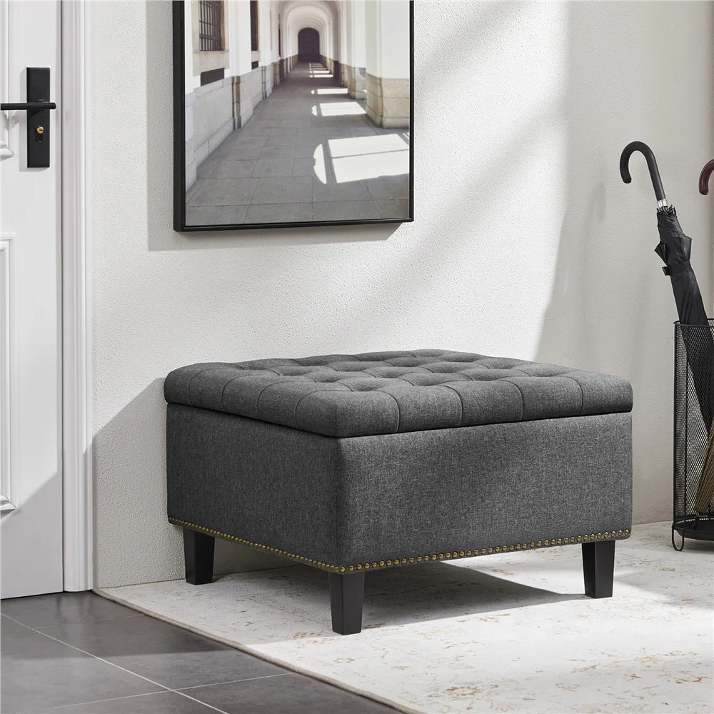 Alden Design Modern Linen-like Storage Ottoman Bench with Button-Tufted for Entryway, Dark Gray