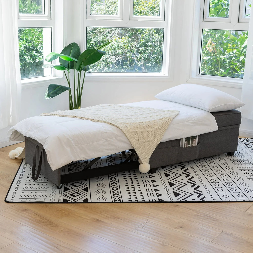 Cynefin Sleeper chair - ottoman bed, chair beds sleeper, 4 in 1 convertible chairs into beds with Lumbar Pillow 3 Side Pockets Linen Fabric Tufted for Living Room Grey