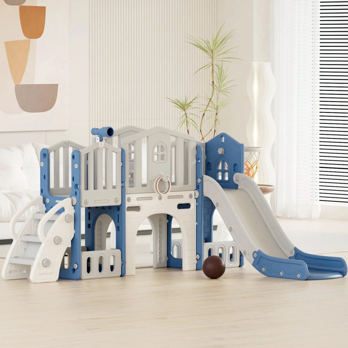 KORIMEFA 9 in 1 Kids Toddler Slide Set, Toddler Climber Slide for Age 1-3 with Basketball Hoop & Ball, Indoor Outdoor Playground Slide, Blue