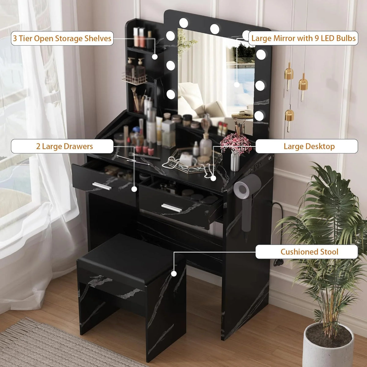 OYang Makeup Vanity with Lights, Vanity Desk with Mirror and Lights Set, Large Drawer and Two-Tier Lots Storage Cabinet, 3 Lighting Modes Adjustable Brightness