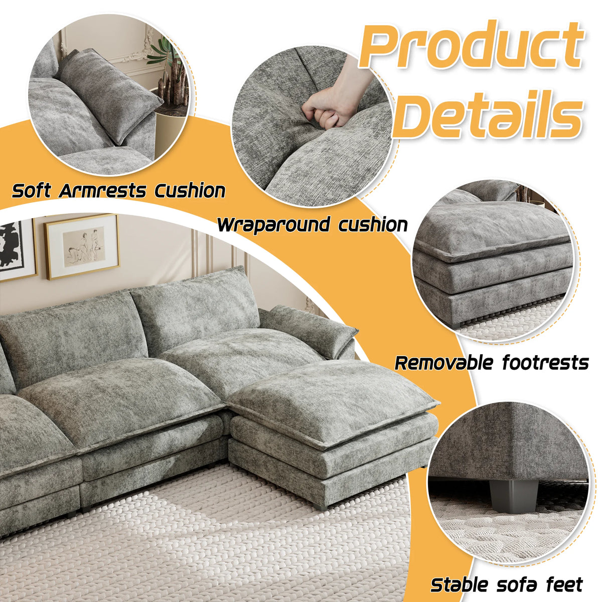 Homall Sectional Sofa 3-seat L-shaped Sofa with reversible toffee chair Movable Footrest Sofa,White