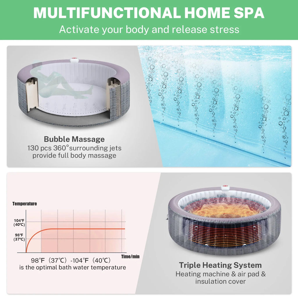 82'' Inflatable Hot Tub, Portable Hot Tub for Home Spa, Outdoor Round Hot Tub W/130pcs Jets, 6 Person Inflatable Pool with Heating, 4 Filters, 2 Cup Holders