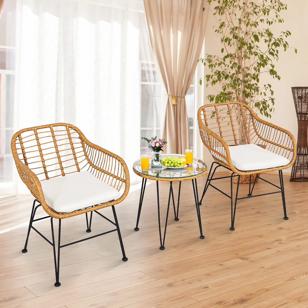 Costway 3PCS Patio Rattan Bistro Furniture Set Cushioned Chair Table Navy