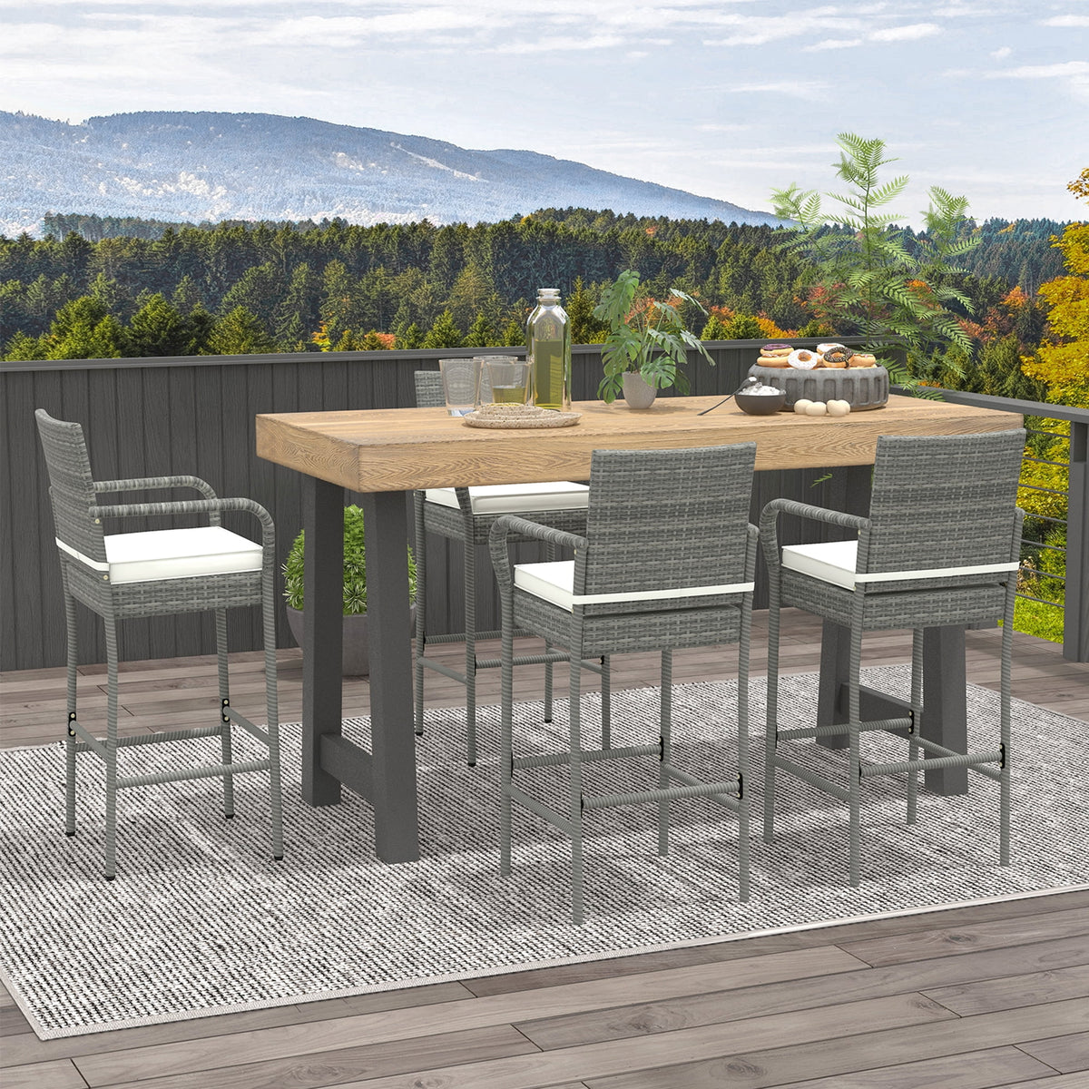Gymax Set of 4 Rattan Patio Bar Stools Outdoor Bar Height Chairs w/ Cushions