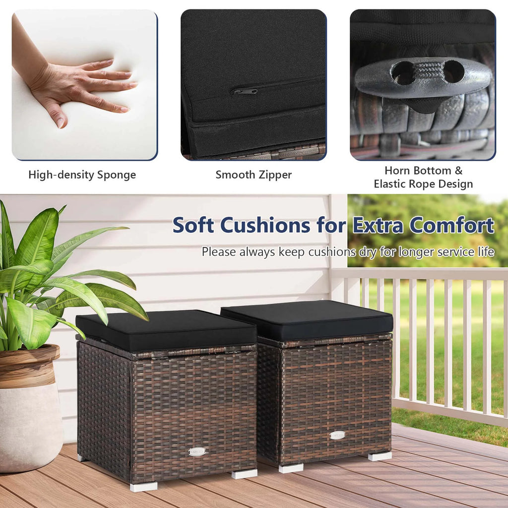 Costway 2PC Patio Rattan Ottoman Seat Side Table Storage Box Footrest Off White
