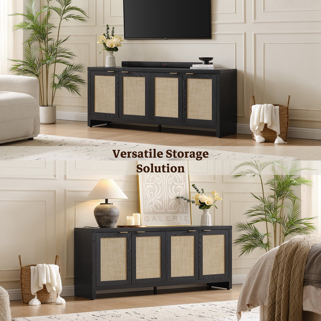SICOTAS 61.5"W Rattan TV Stand with 4 Doors, Boho Entertainment Center with Adjustable Shelves & Spacious Countertop Large Boho Farmhouse Media Console for Living Room, Reclaimed Caramel Oak