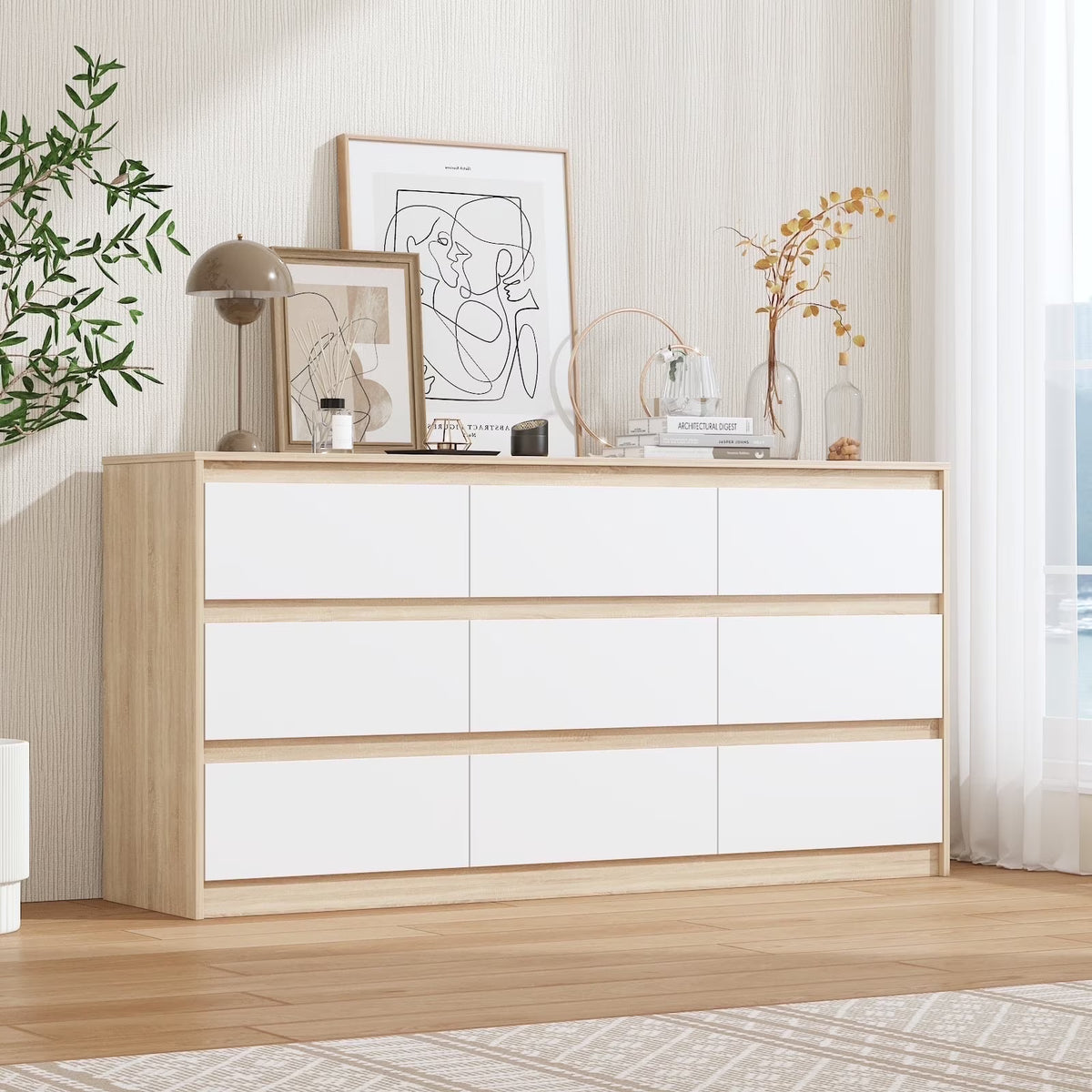KULAGAGA 9 Drawer Dresser Chest of Drawers, 63 Wide Dressers, Modern Wood Drawer Chest Storage Organizer, No Handle Design for Bedroom Living Room Hallway, White