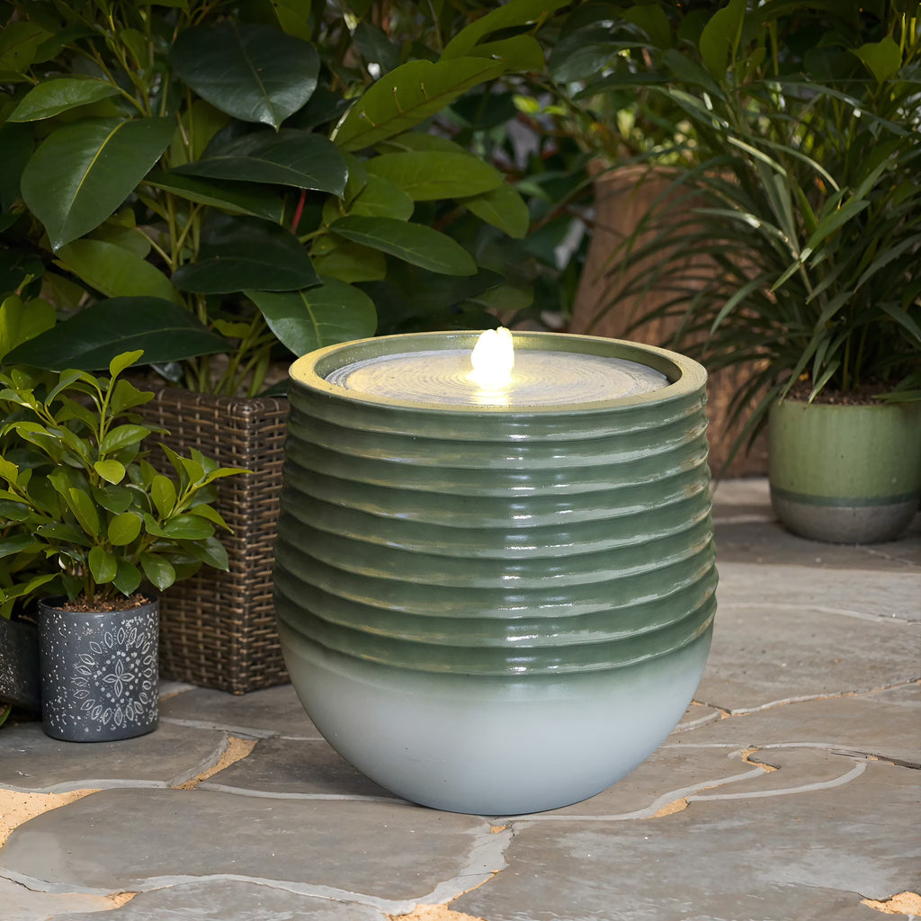 LuxenHome 20" Resin Lighted Garden Bubbling Water Fountain with Emerald Ribbed Top and Ivory Bottom
