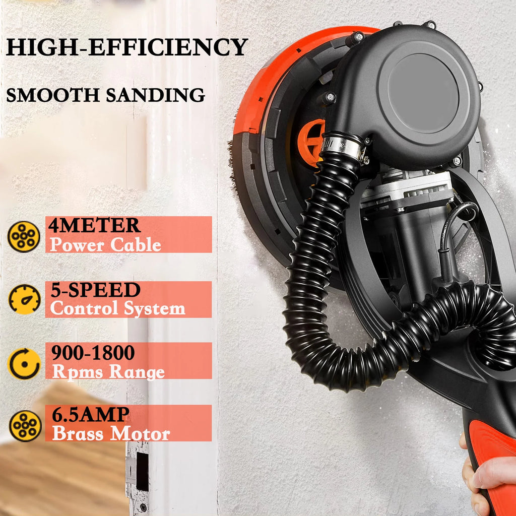 POVANLI 780W Electric Drywall Sander with Vacuum Dust Collection, 6.5A Motor Dustless Floor Sander with Variable Speed 900-1800RPM, LED Light, Extendable & Foldable Handle Yellow+Black