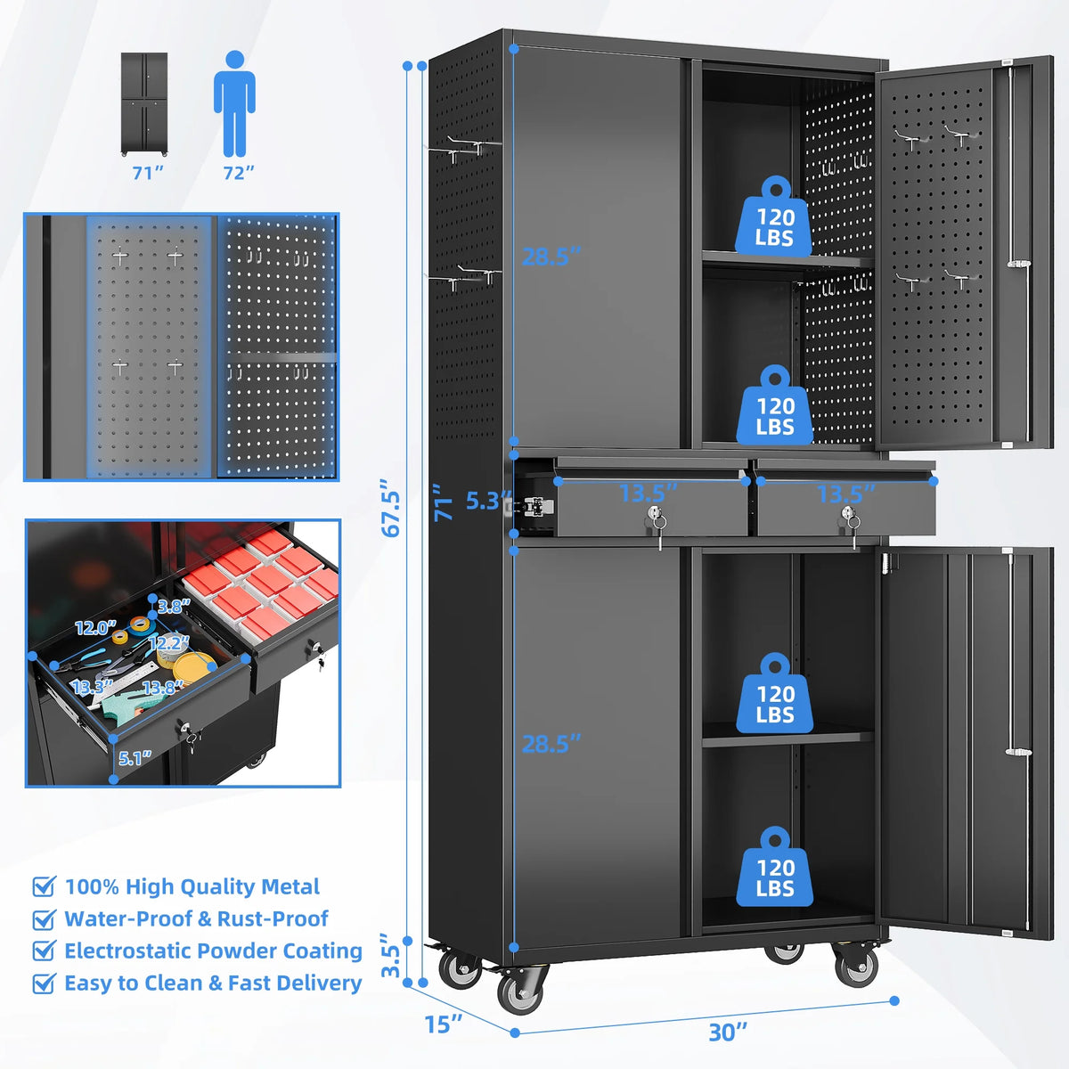 GangMei 71 Inches Tall Metal Garage Storage Cabinets with 5 Adjustable Shelves & Pegboards, Lockable Steel Black Storage Cabinet with Doors for Office, Home, School, Shops, Garage, Assembly required