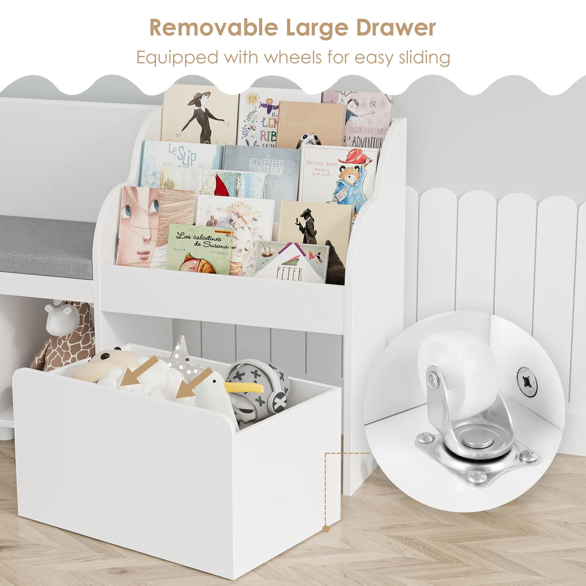Homfa Kids Bookshelf with Reading Nook, 6 Shelf Bookcase with 1 Wood Toy Bin with 3 Tier Book Rack for Children Kidsroom