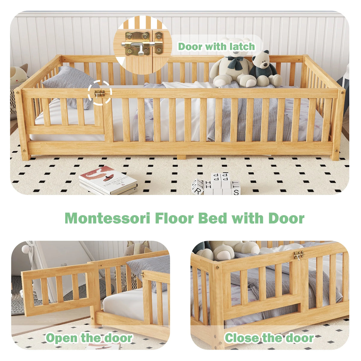 Bellemave Full Size Floor Bed with Door and Fence Floor Bed with Bed Slats Sturdy Wood Floor Bed Montessori Bed Frame (Full, Pink)