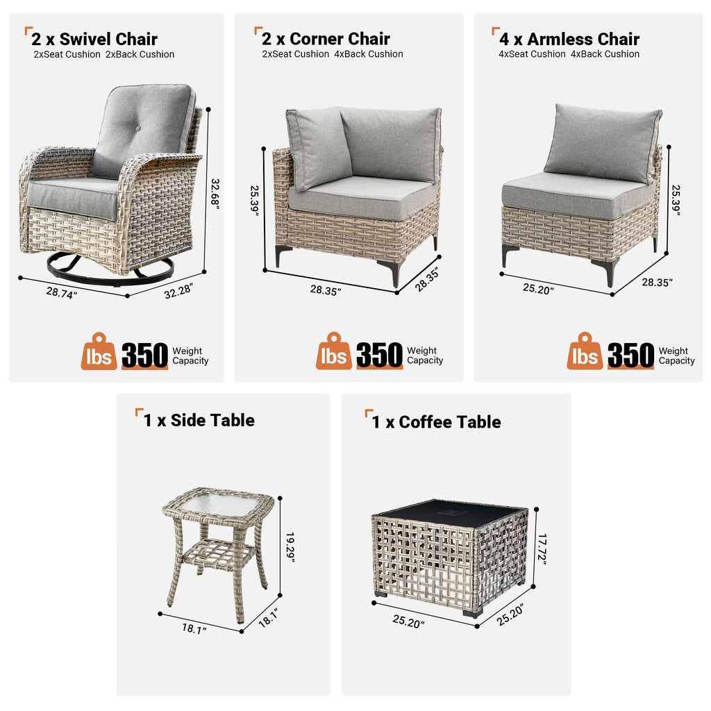 Vcatnet Outdoor Patio Furniture Sets 10 Pieces Sectional Sofa Wicker Conversation Set with Swivel Glider Chairs and Solar Powered Coffee Table for Porch,Backyard,Gray