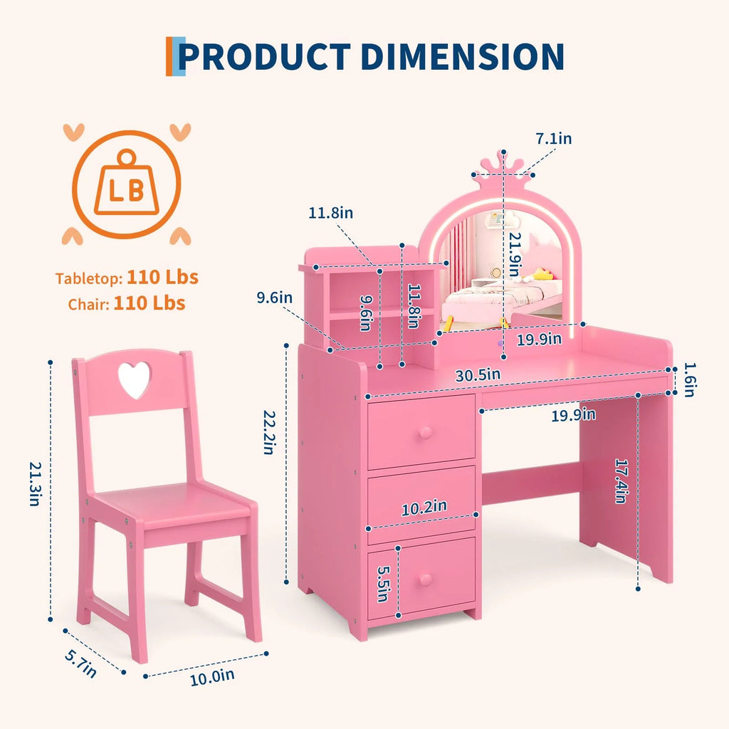 Yeshouse Princess Girls Makeup Vanity Table Set with Storage & Lights