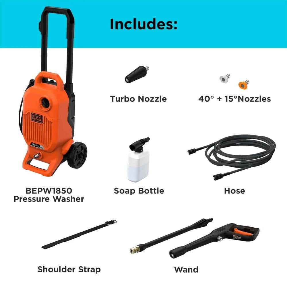 BLACK+DECKER 1,850 MAX psi* 1.2 gpm** Electric Cold Water Pressure Washer, (BEPW1850)