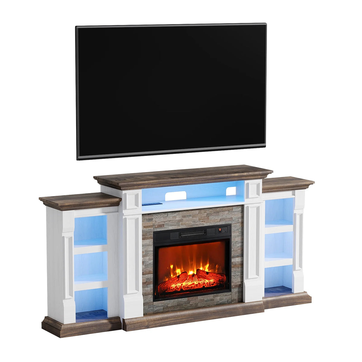 Holliwill 72" TV Stand for TVs up to 80" with Charging Station & LED Light, Electric Fireplace with Mantel, Entertainment Center with 23" Electric Heater, White Brown