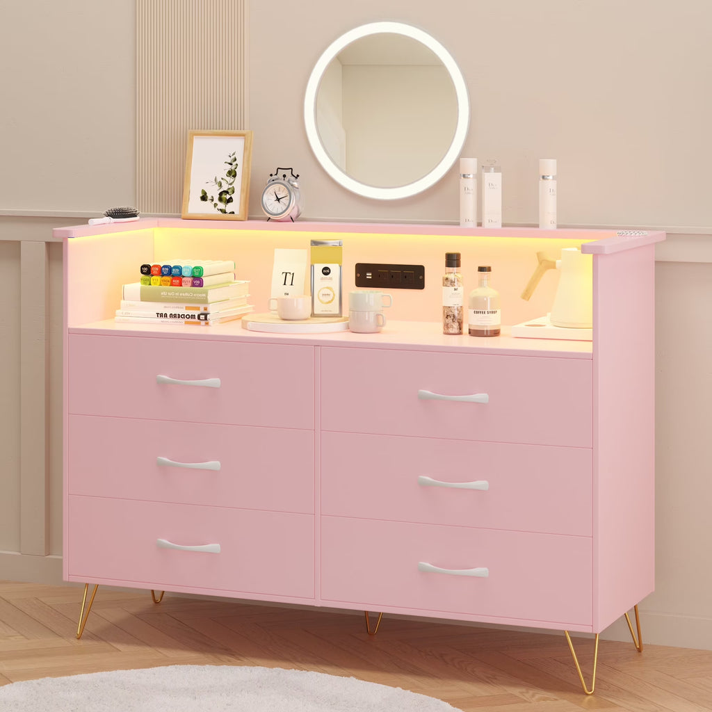 Garvee Dresser for Bedroom 6 Drawer with LED Light & Charging Station, Wooden Dressers and Chests of Drawers with 2-Tier Open Shelves, Wide Dresser Organizer for Living Room Hallway Entryway, Pink