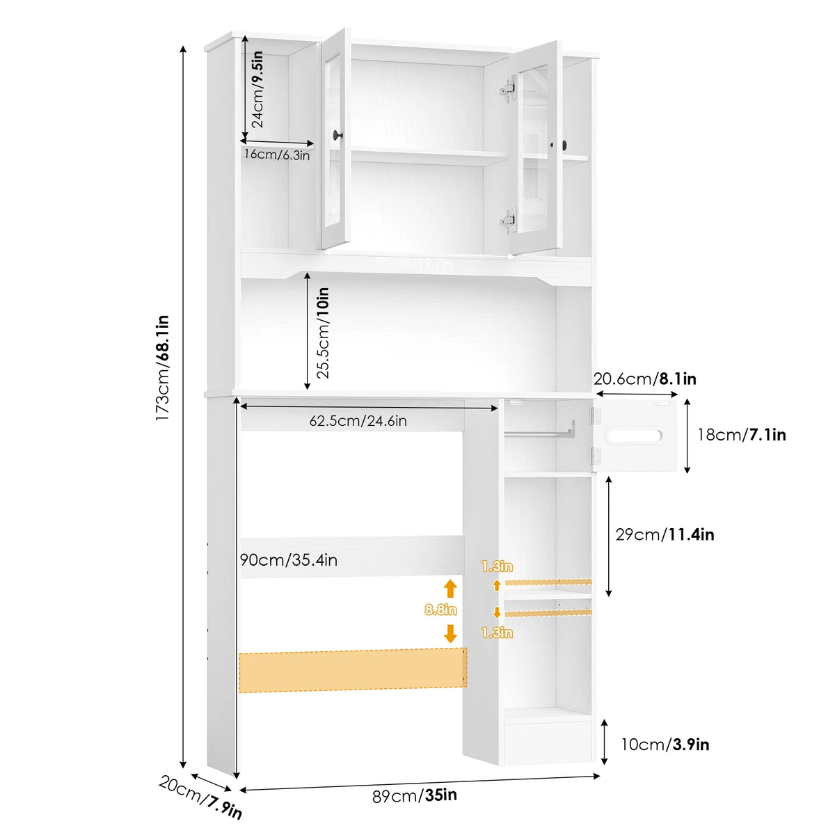 Homfa Over The Toilet Storage Cabinet with Toilet Paper Holder Stand, Above Toilet Organizer with Glass Doors, Behind Toilet Shelf for Restroom, Bathroom, Laundry, White