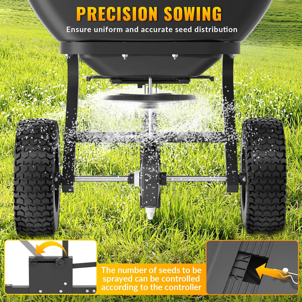 200LB Tow Behind Broadcast Spreader, Fertilizer Spreader Holds up to 550 lbs with 13" Pneumatic Tires and Adjustable Flow Control Lever,for Fertilizer, Grass Seed, Salt, Ice Melt, Lawn