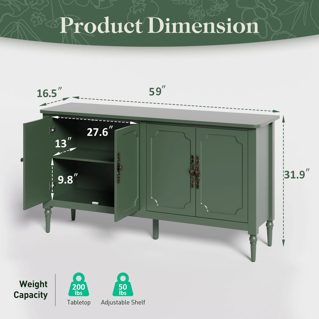 CozyHome Mid Century Modern Sideboard Buffet Cabinet with Storage, 58'' Console Cabinet, Green