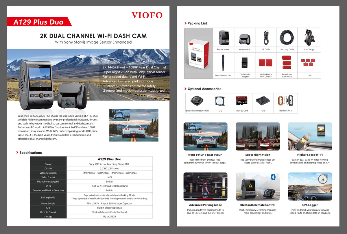 VIOFO A129 Plus Duo Dash Cam 2K 1440P 60FPS + 1080P 30FPS Wi-Fi GPS - NEW