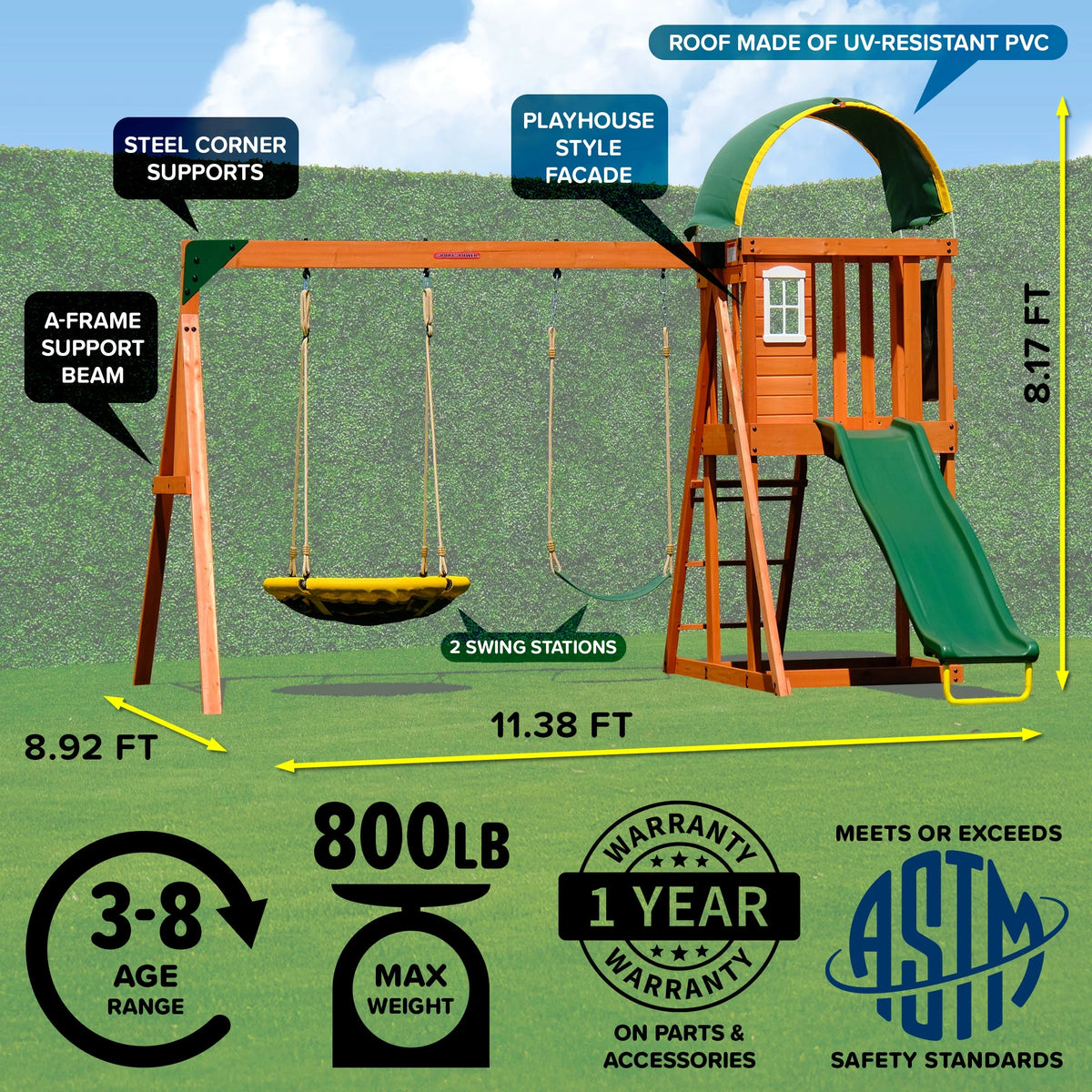Sportspower Amelia Wooden Swing Set with 2-Person Saucer Swing, 6' Blow Molded Slide, Swing, Play Fort, Heavy Duty Double A-Frame, Lifetime Warranty on Slide
