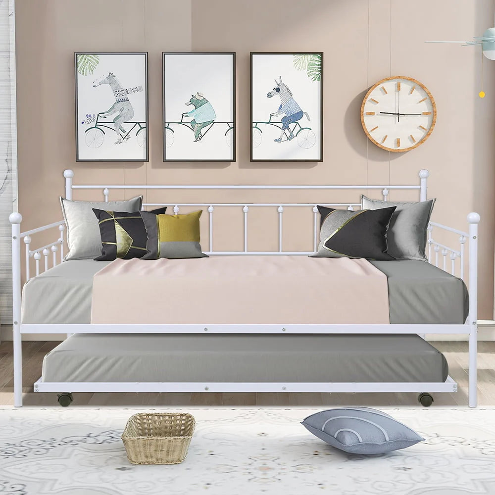 BTMWAY Twin Daybed with Trundle Included, Metal Daybed Frame with Pull Out Trundle Bed, No Box Spring Needed, Twin Size Daybed Sofa Bed for Kid's Room Bedroom, Each Bed Holds 400lb, White
