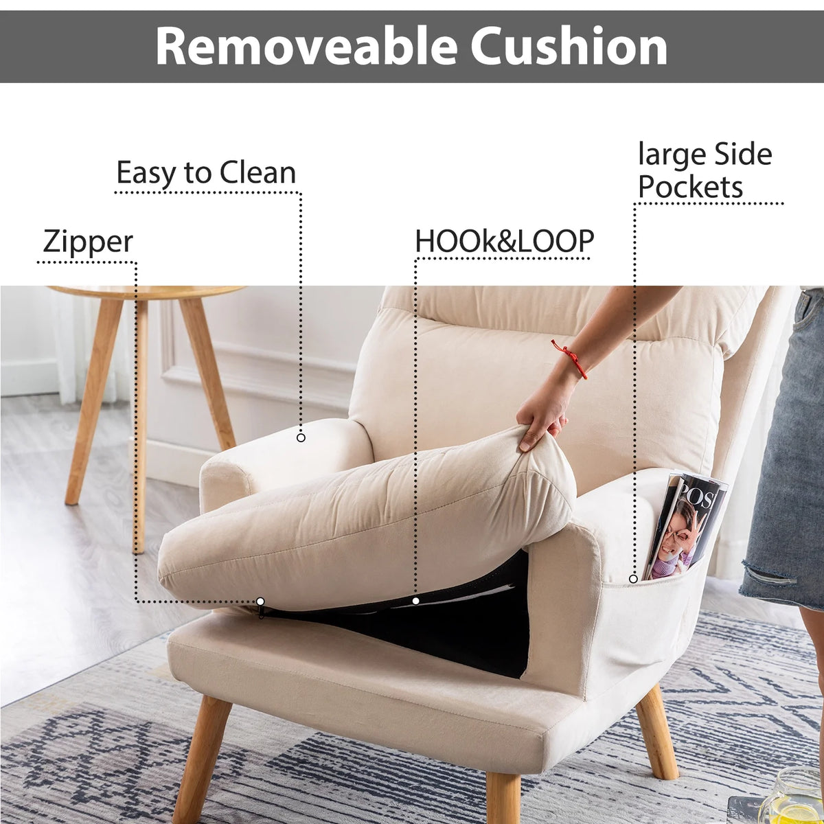Bestier Adjustable Accent Chairs with Ottoman, Velvet Fabric Armchair for Bedroom Living Room, Comfy Lounge Chair with Padded Backrest and Side Pocket, Soft Reading Chair, Beige