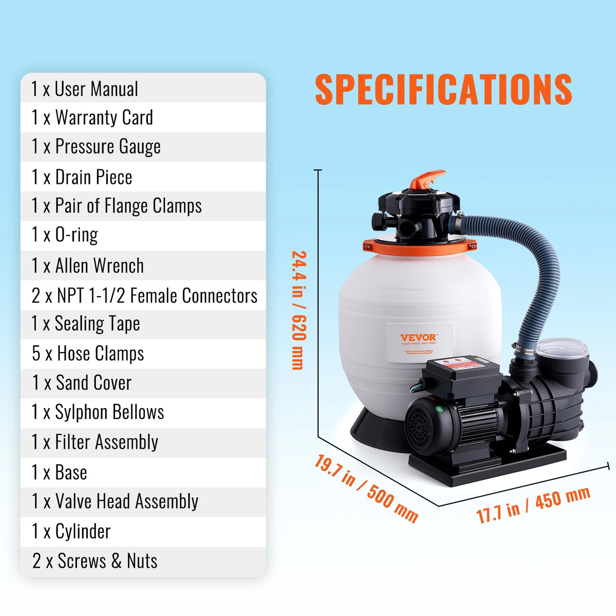 VEVOR Sand Filter Pump for Above Ground Pools,14-inch, 3000 GPH, 3/4 HP Swimming Pool Pumps System & Filters Combo Set with 6-Way Multi-Port Valve & Strainer Basket,for Domestic and Commercial Pools