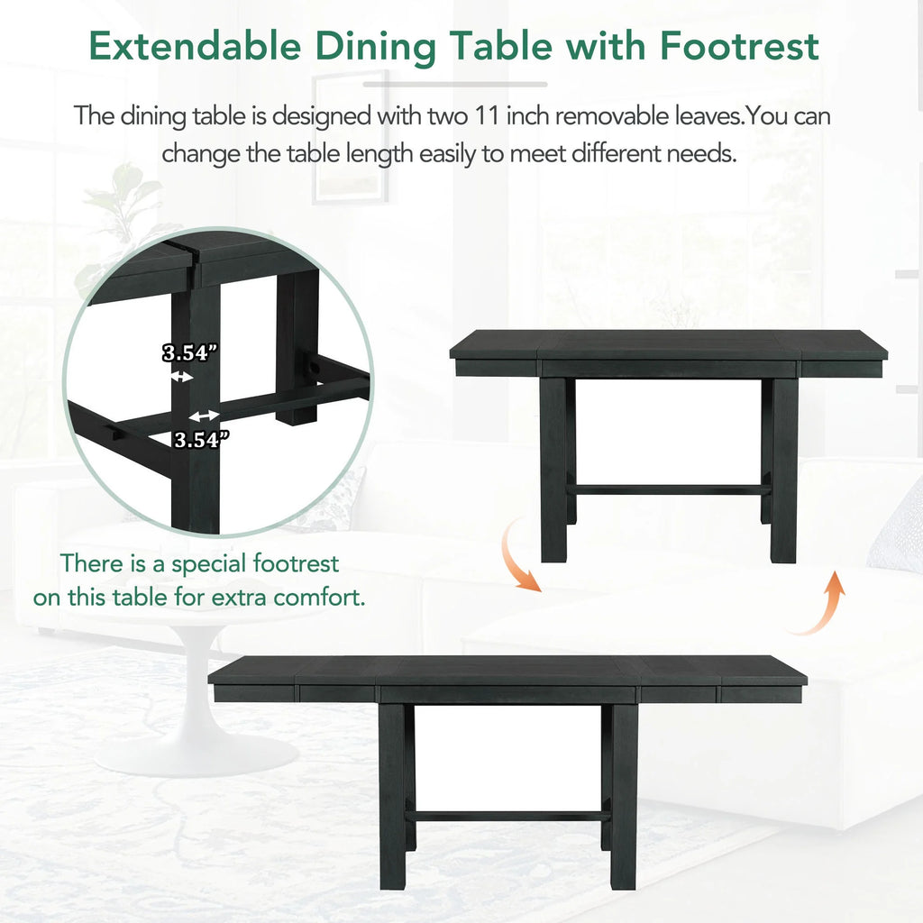 MODERNLUXE 82"Farmhouse 6PCS Dining Table Sets for 6,Solid Wood Dining Table Set with Extendable Table with Footrest and Two 11"Removable Leaf,4 Upholstered Chairs and Longer Upholstered Bench