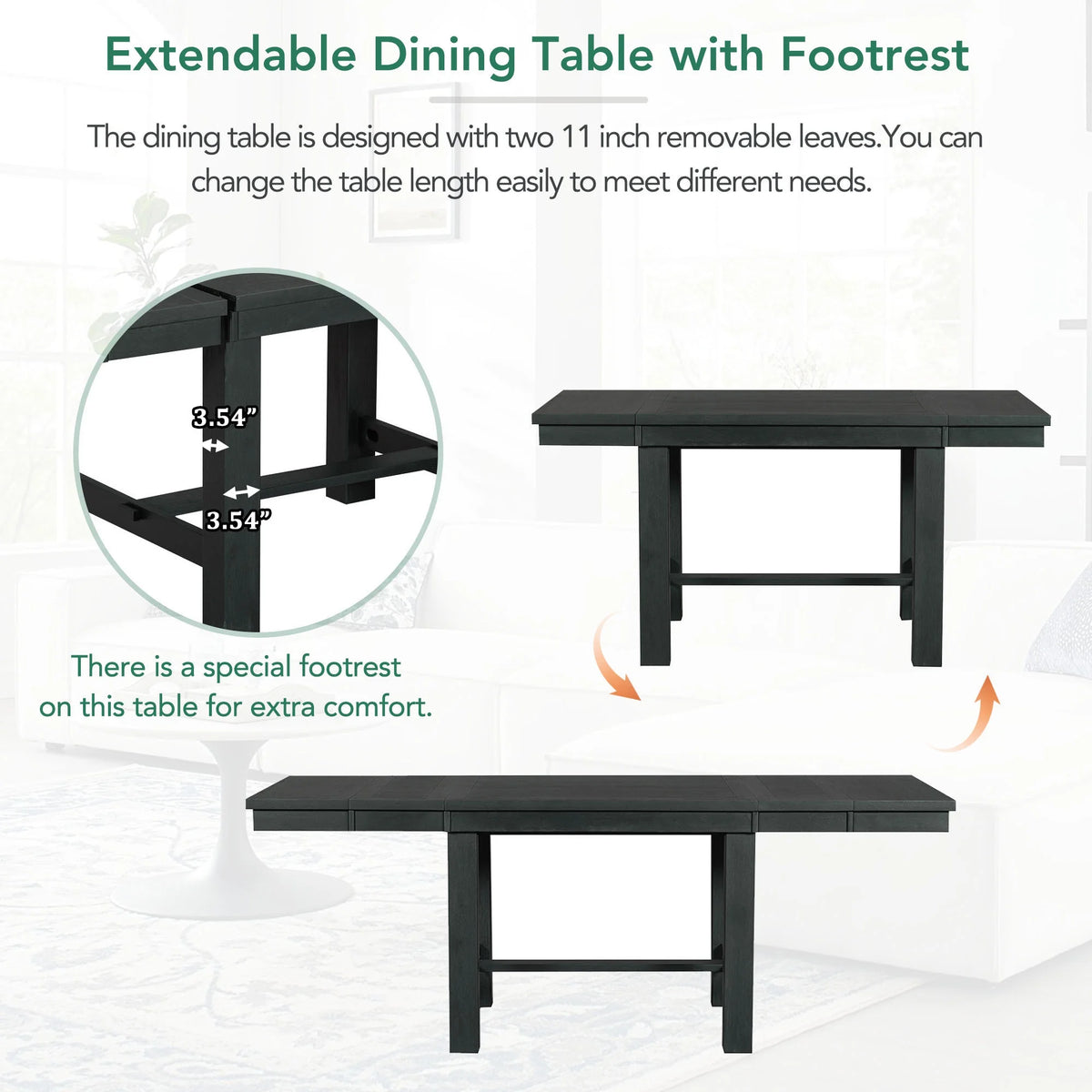 MODERNLUXE 82"Farmhouse 6PCS Dining Table Sets for 6,Solid Wood Dining Table Set with Extendable Table with Footrest and Two 11"Removable Leaf,4 Upholstered Chairs and Longer Upholstered Bench