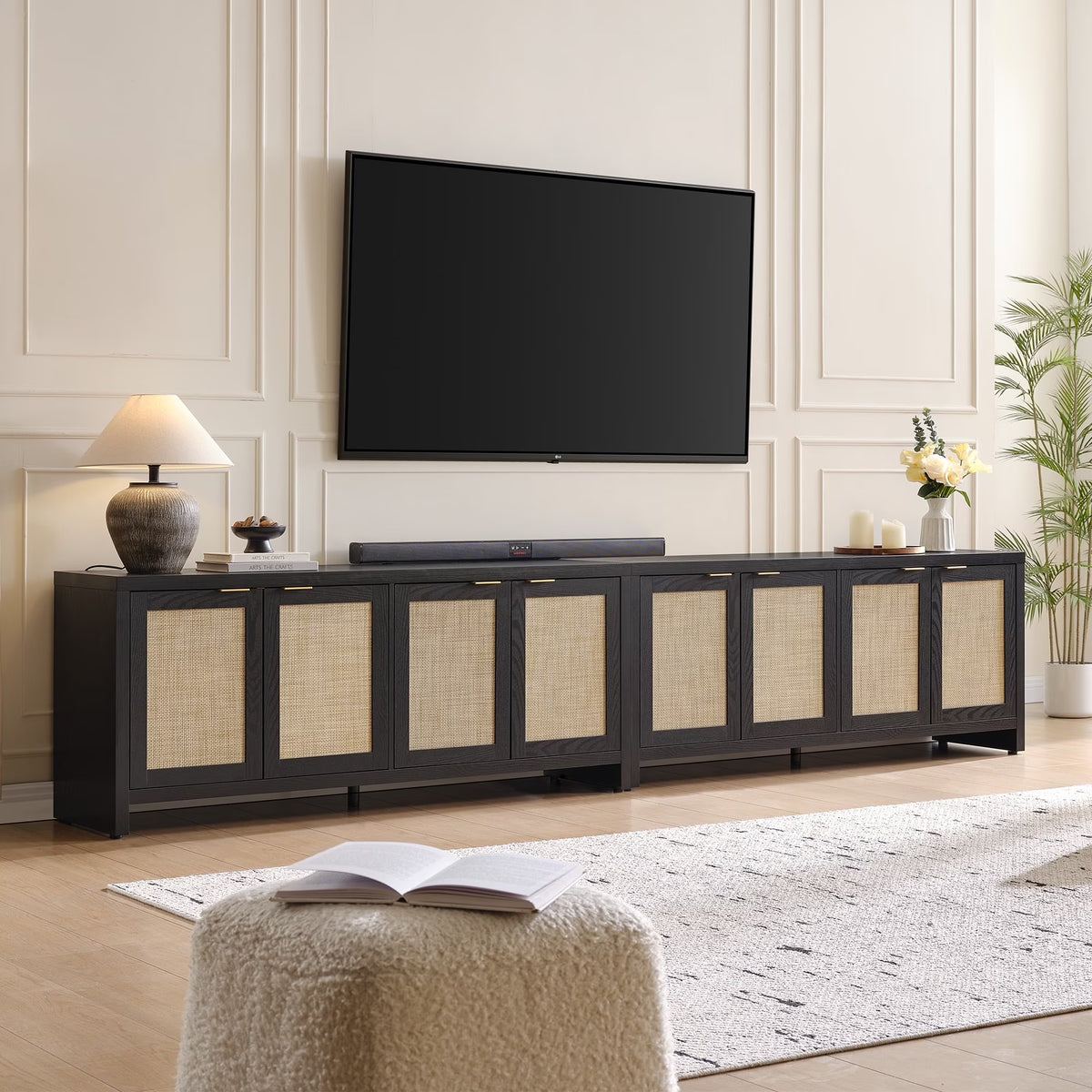 SICOTAS 61.5"W Rattan TV Stand with 4 Doors, Boho Entertainment Center with Adjustable Shelves & Spacious Countertop Large Boho Farmhouse Media Console for Living Room, Reclaimed Caramel Oak