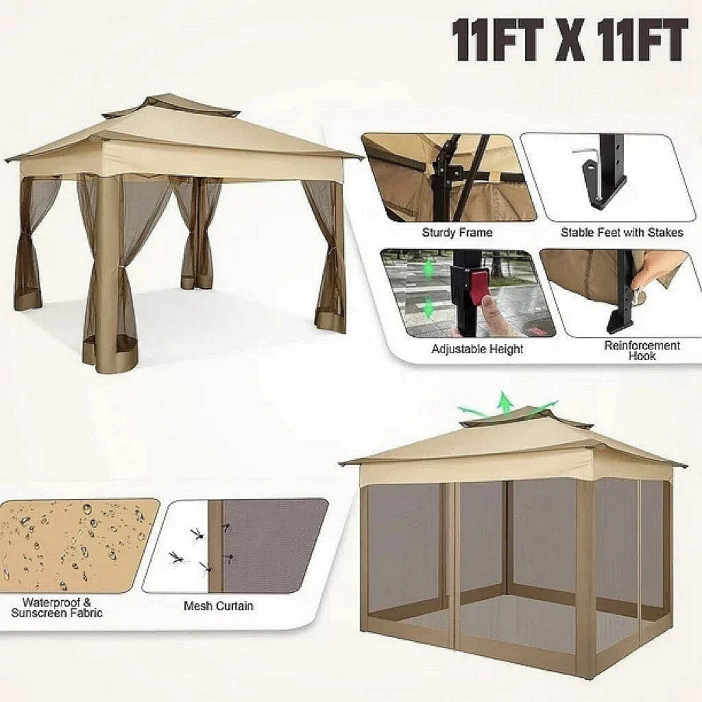 HOTEEL 12x12 Outdoor Pop-up Gazebo Canopy with Mosquito Netting 2-Tiered Vented Top 3 Adjustable Height for Backyard, Garden, Lawn,Light Grey