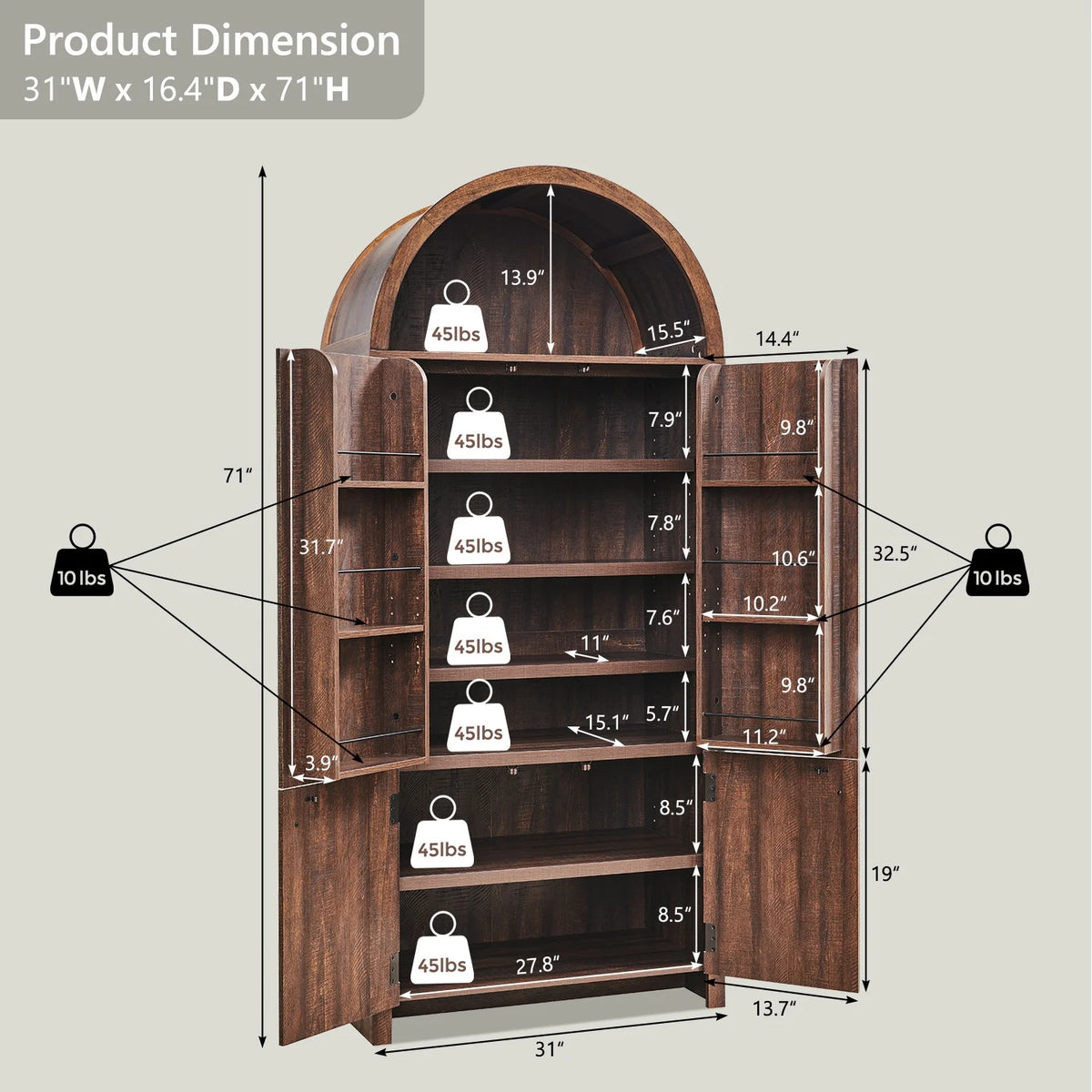 SinCiDo Arched Kitchen Pantry Storage Cabinet, 71-Inch Tall Wood Adjustable Shelves, 2 Doors, 2 Drawers