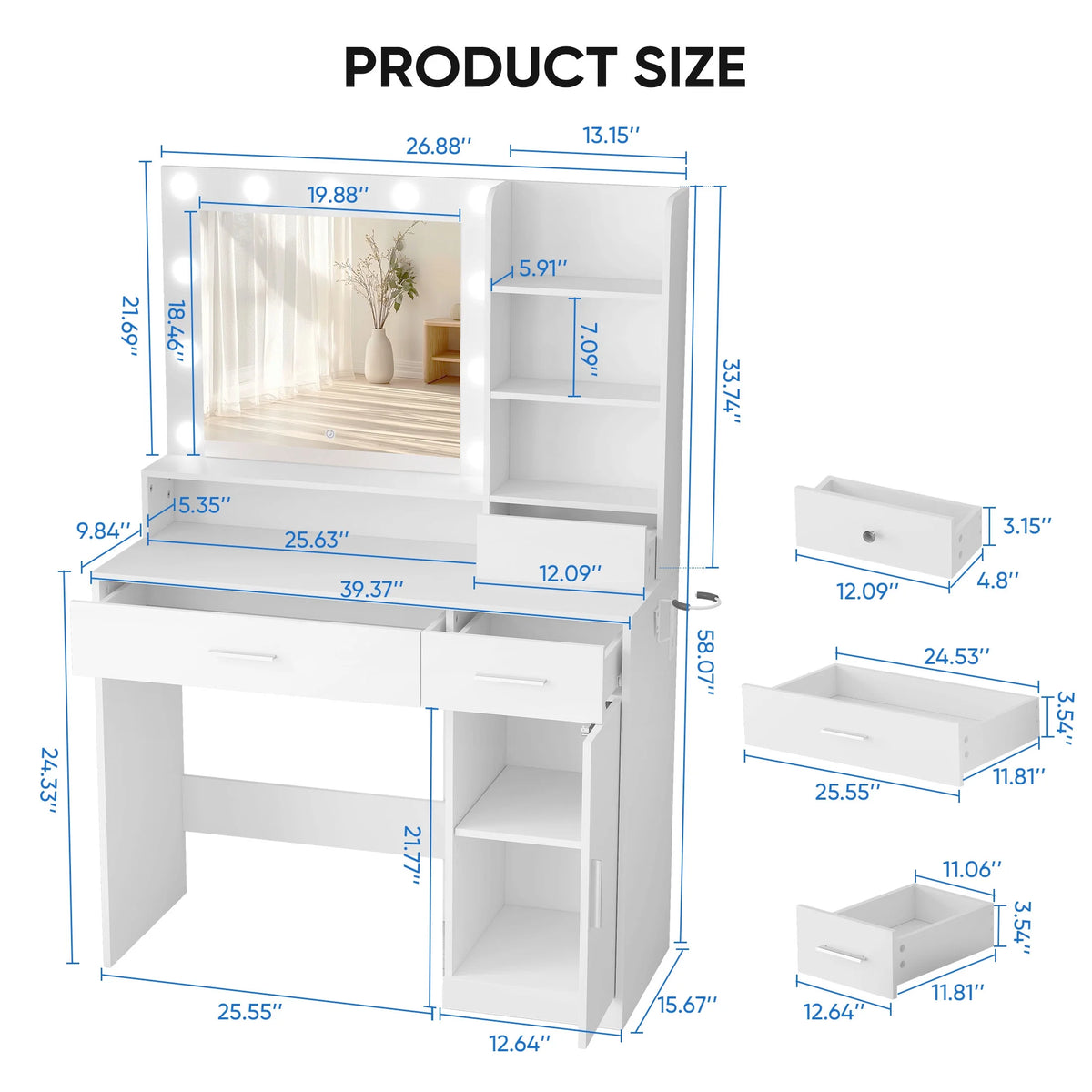 MCQ Dressing Table with Mirror and Light, Adjustable Brightness Dressing Table with Drawers and Storage Shelves, White