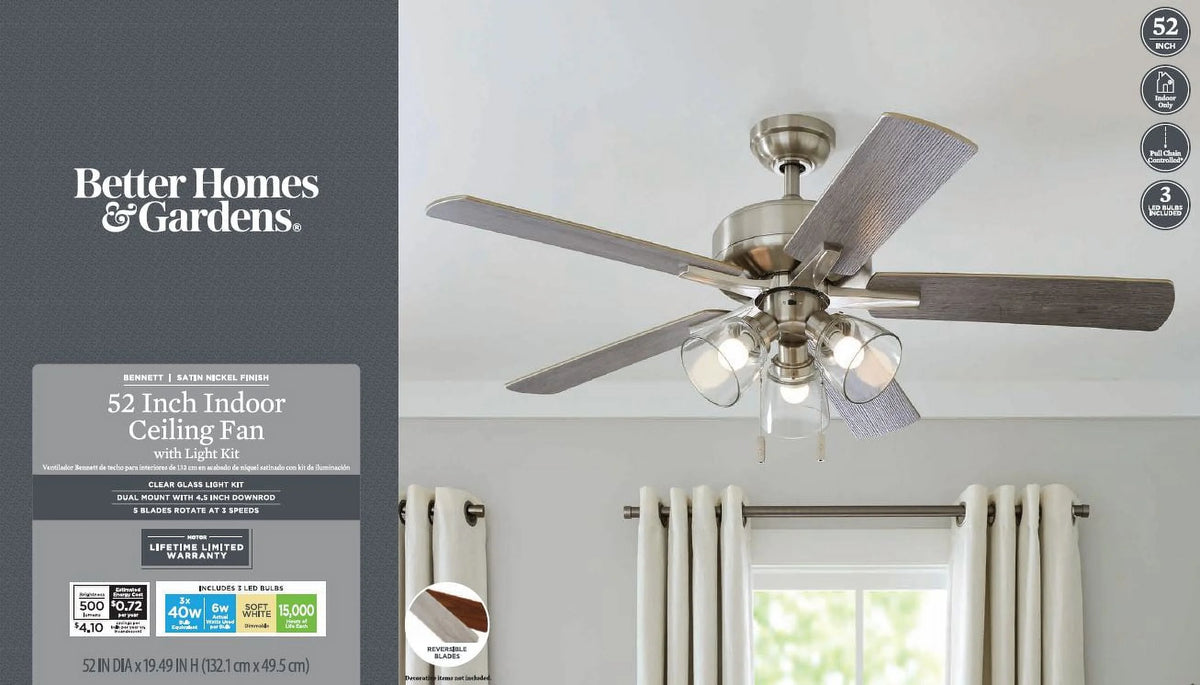 Better Homes & Gardens 52" Bronze Transitional Ceiling Fan, 5 Reversible Blades, 3 LED Bulbs Included