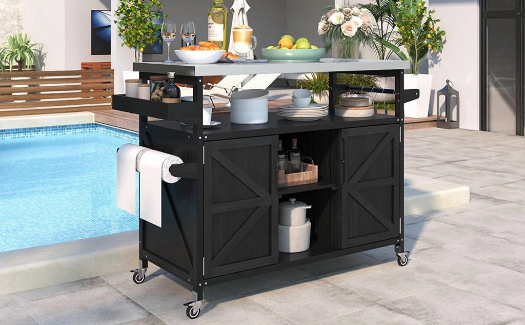 Outdoor Kitchen Island, Rolling Bar Cart & Storage Cabinet, Farmhouse Solid Wood Outdoor Grill Table with Stainless Steel Top, Spice Rack , Towel Rack for Kitchen & BBQ , Natural