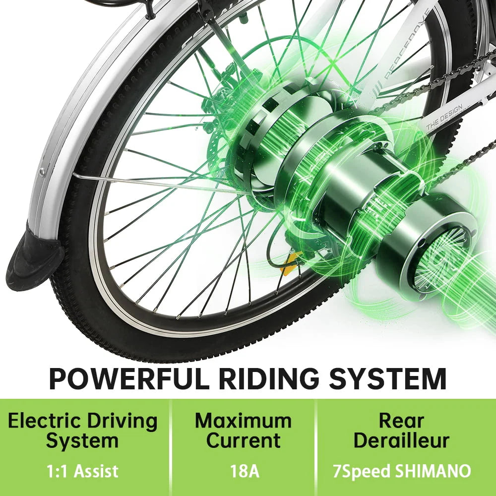 26 Inch 36V 10AH 350W City Bike Electric Bicycle e-bike White with Basket 7 Speed Step Through Commuter for Women Girls