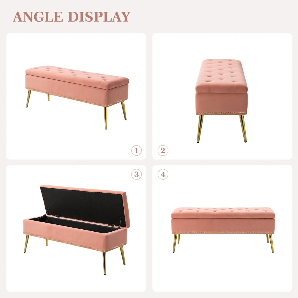14 Karat Home Velvet Storage Ottoman Bench Gold Leg Upholstered Nailhead Trim Button Tufted Footstool Entryway Bedroom Living Room Pink