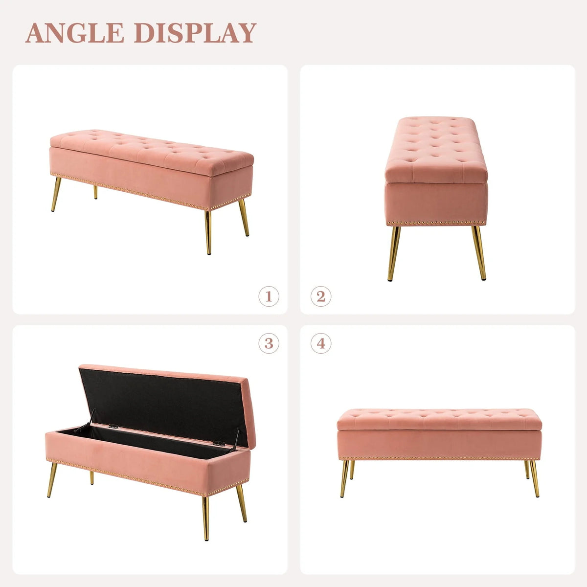 14 Karat Home Velvet Storage Ottoman Bench Gold Leg Upholstered Nailhead Trim Button Tufted Footstool Entryway Bedroom Living Room Pink