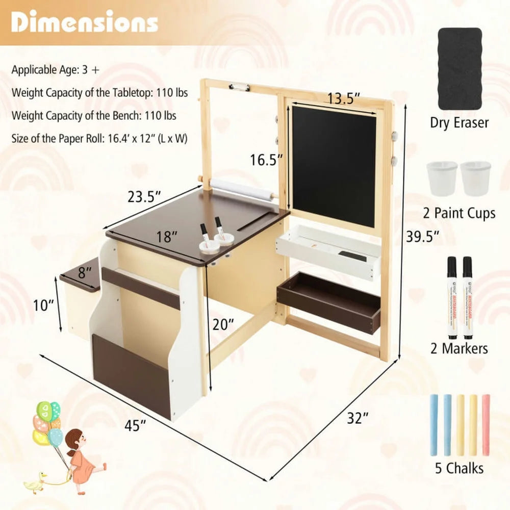 Spaco Kids Art Center Wooden Table Bench Set-Brown, Toddler Table and Chair Set for Arts & Crafts, Snack Time, Homeschooling, Homework