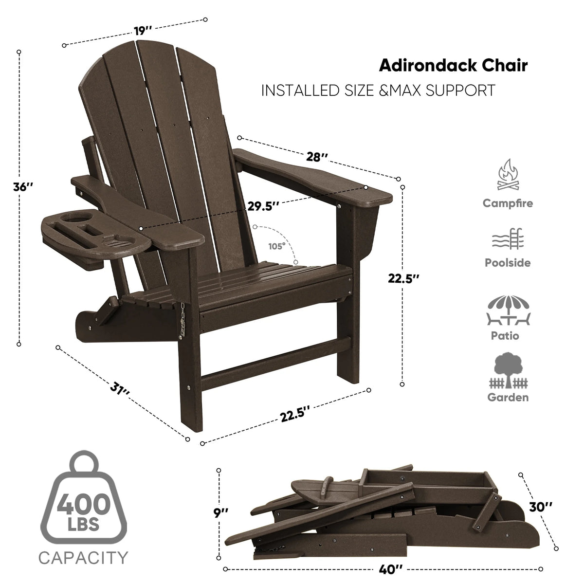 FOOWIN HDPE Plastic Adirondack Chairs Set of 4, Black