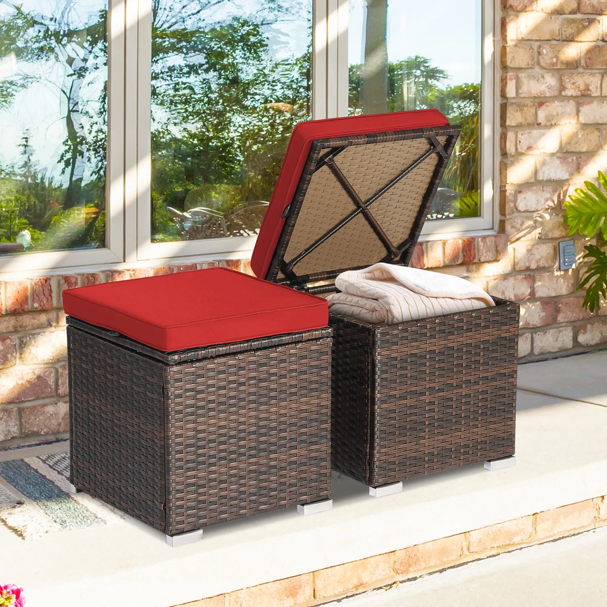Costway 2PC Patio Rattan Ottoman Seat Side Table Storage Box Footrest Off White