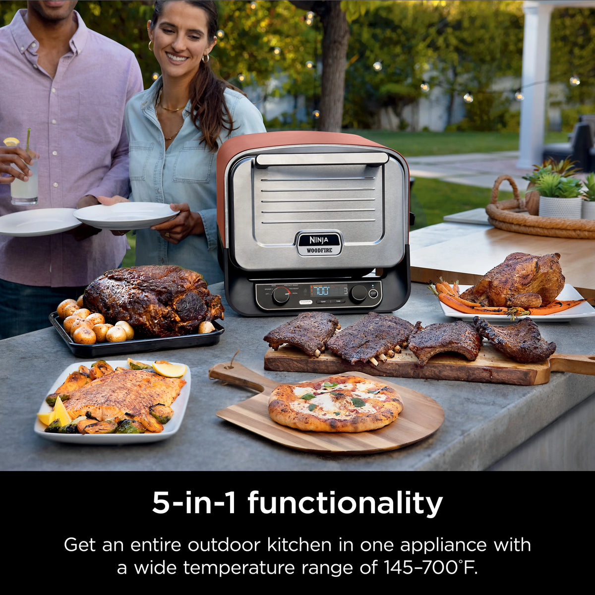 Ninja Woodfire? Pizza Oven, 5-in-1 outdoor oven, 5 Pizza Settings, Ninja Woodfire? Technology, up to 700F heat, BBQ smoker, Electric?