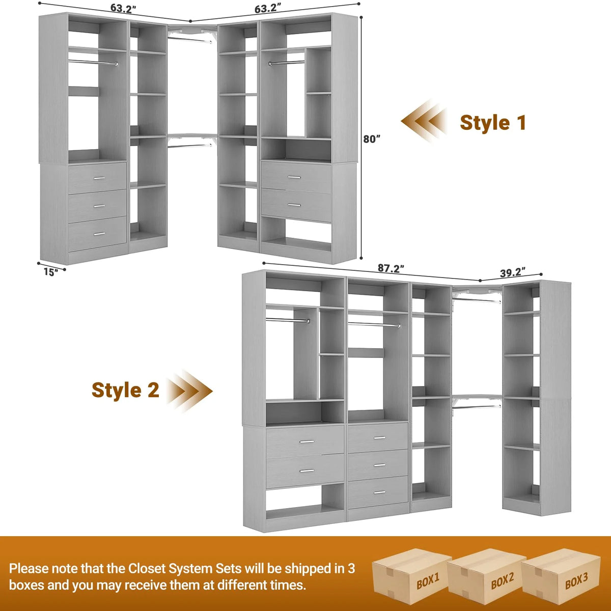 Homieasy Freestanding Closet System with 3 Sets, 87.2" Closet Organizer System with 5 Drawers & 4 Hanging Rods, Reversible L Shaped Walk-in Closets, Black