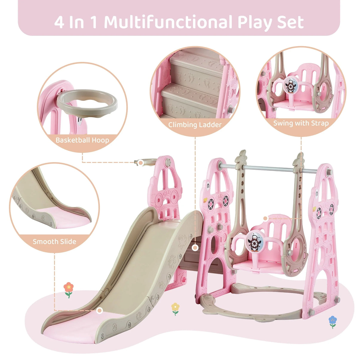 DUKE BABY 4-in-1 Kids Swing and Slide Set for Toddler Age 1-6, Extra Large Baby Indoor Outdoor Activity Playground with Basketball Hoop and Climber Pink