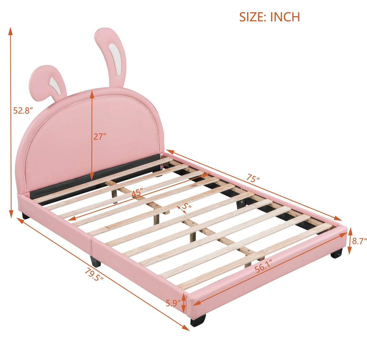 Euroco Upholstered Full Size Platform Bed, PU Cartoon Bunny Bed for Kids, Gray